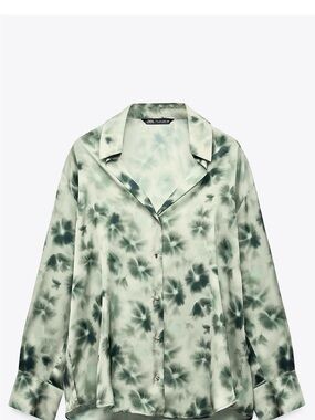 Zara Green Floral Satin Button-Front Shirt